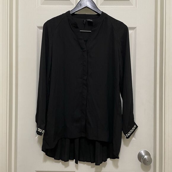New Directions Button Up Chiffon Shirt High Low Pleated Back Rhinestone Small - Picture 1 of 12